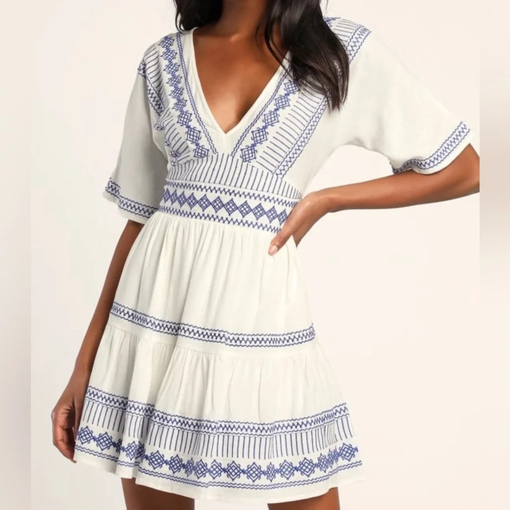 Lulu's White and Blue Embroidered Mini Dress - Picture 1 of 5